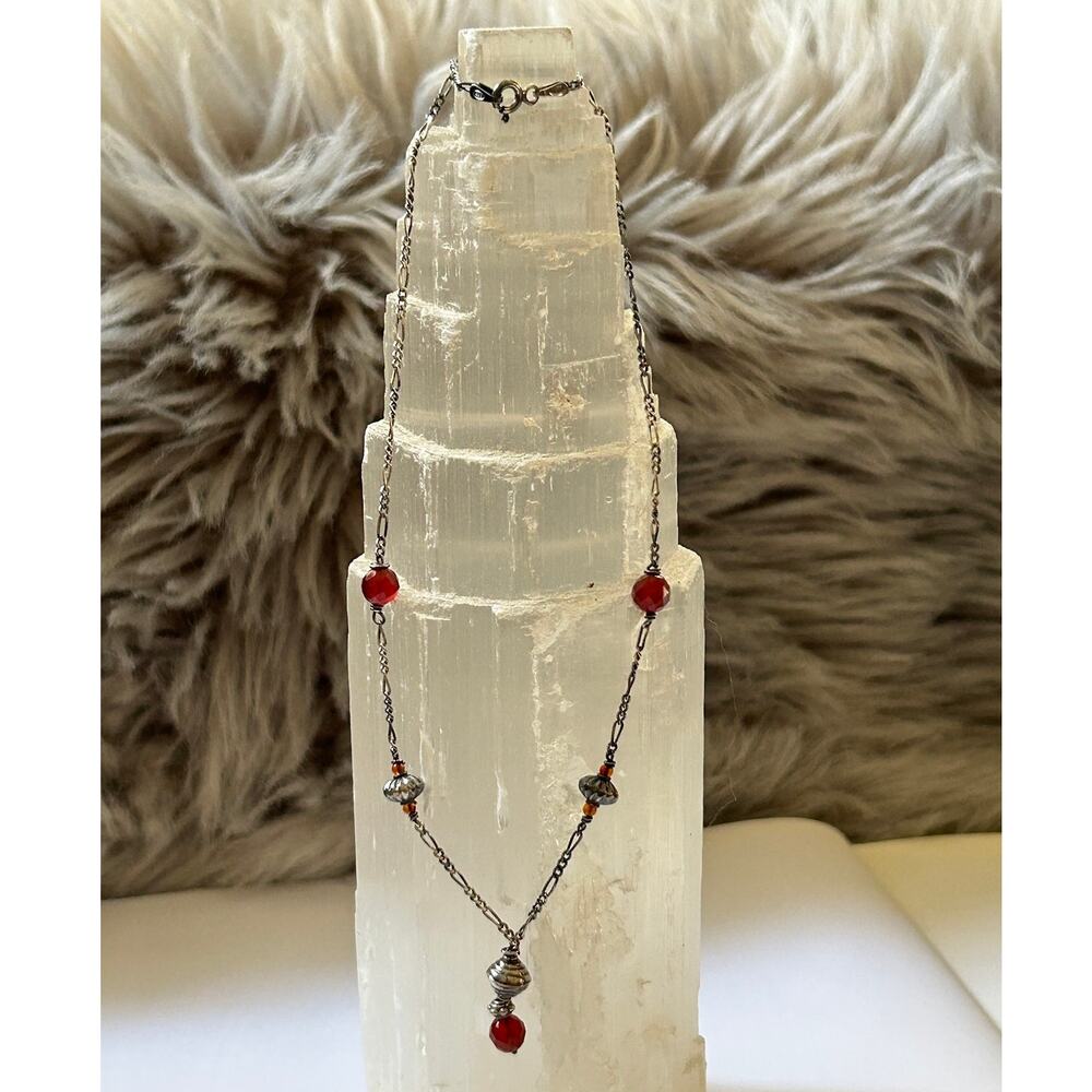 Vintage 90s 925 Sterling Silver Italy Figaro Chain Red Glass Bead Drop Necklace
